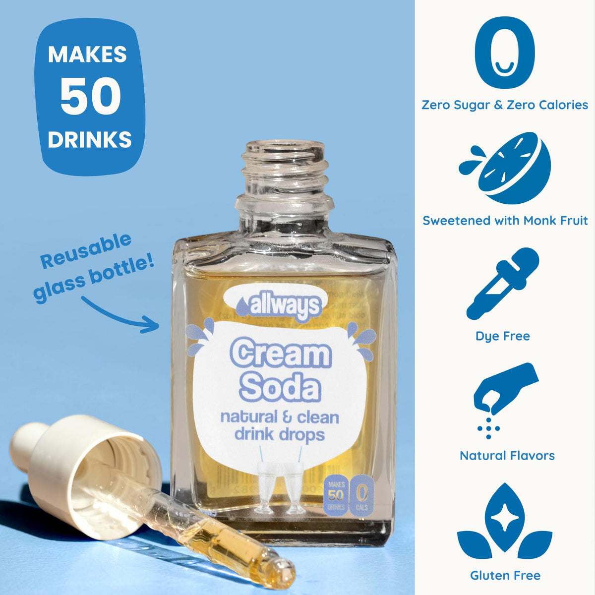 Allways Cream Soda Drops close-up emphasizing monk fruit sweetness.