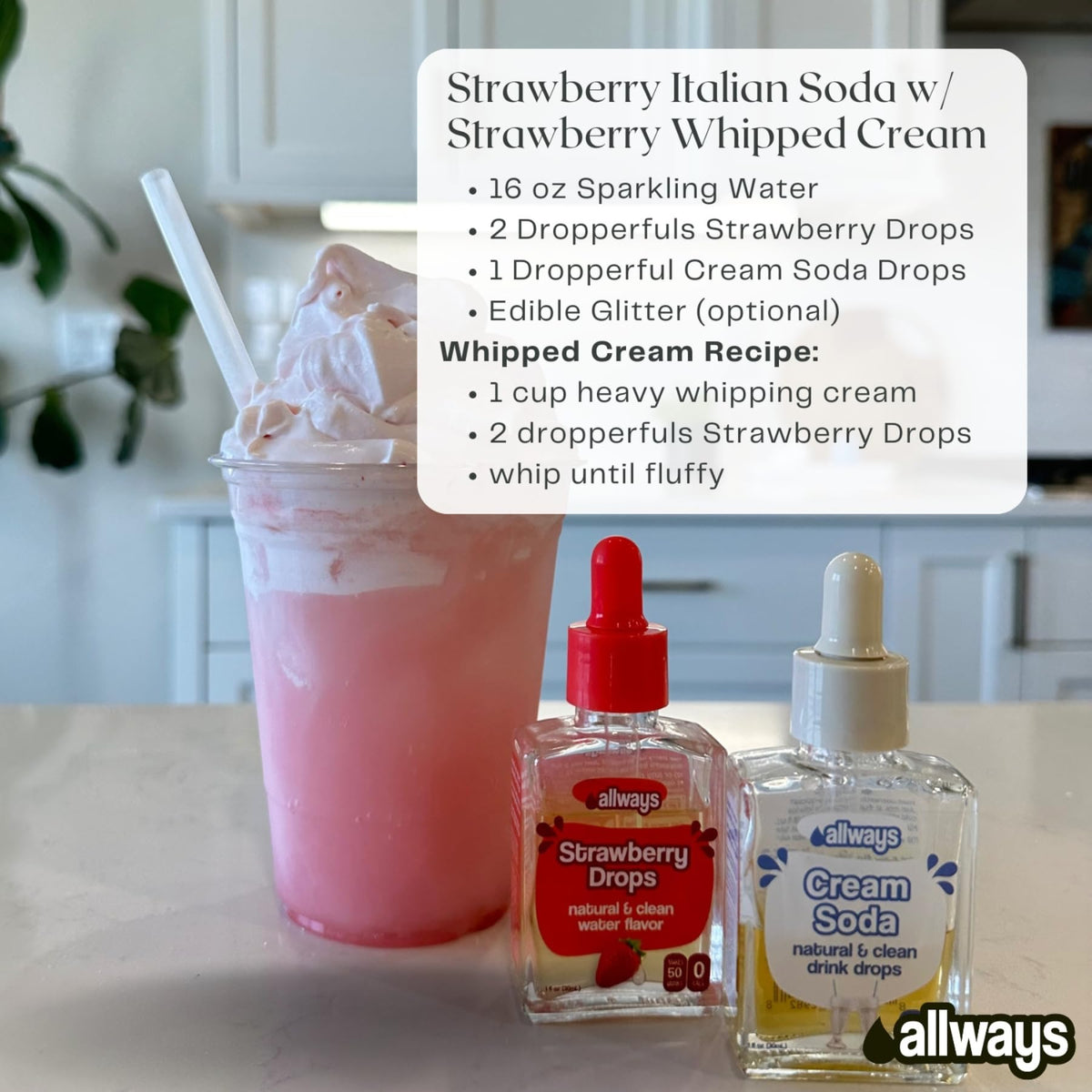 Sparkling water with Allways Cream Soda Drops delivering classic cream soda style.