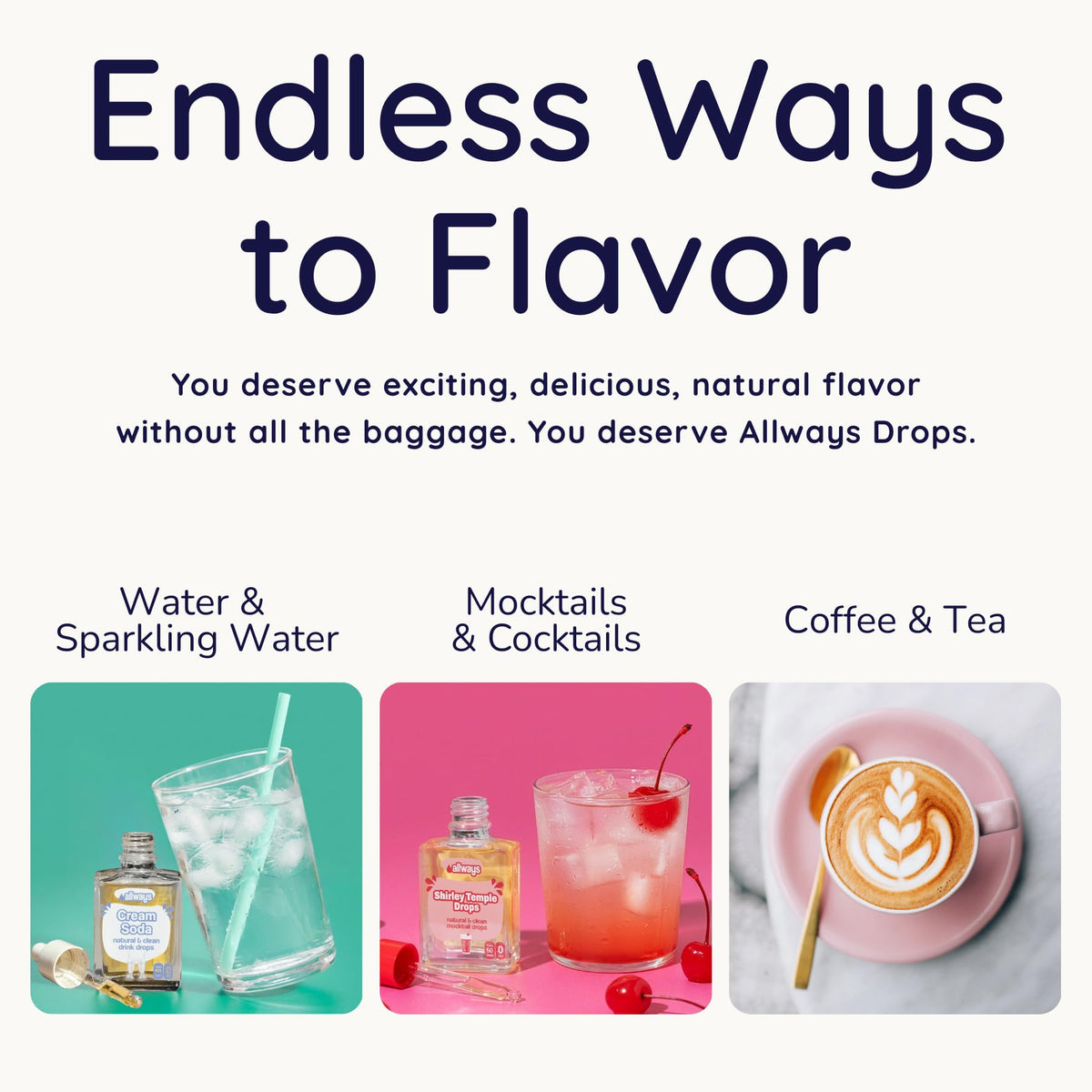 Allways Drops coconut water enhancer on table in glass bottle.