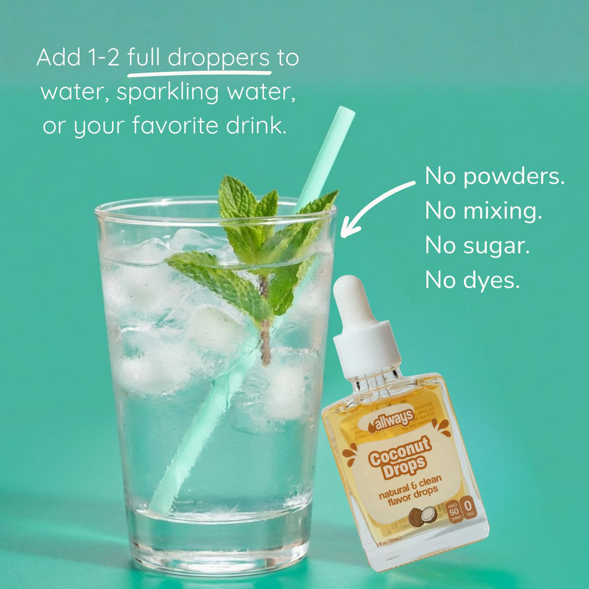Allways Drops coconut water enhancer serving idea in glass.