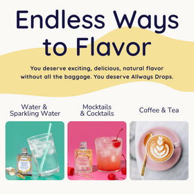 Allways Drops glass bottle displaying clean-label ingredients for everyday hydration.