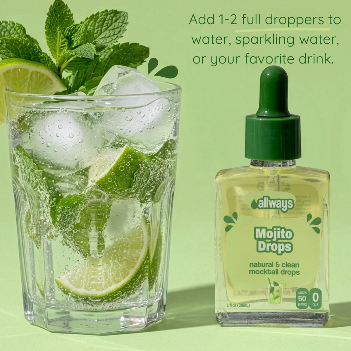 Glass of mojito-style mocktail made with Allways Drops, showing versatile water enhancement.