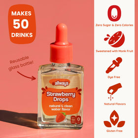 Allways Drops Natural Strawberry glass of water shows a refreshing, zero-calorie option.