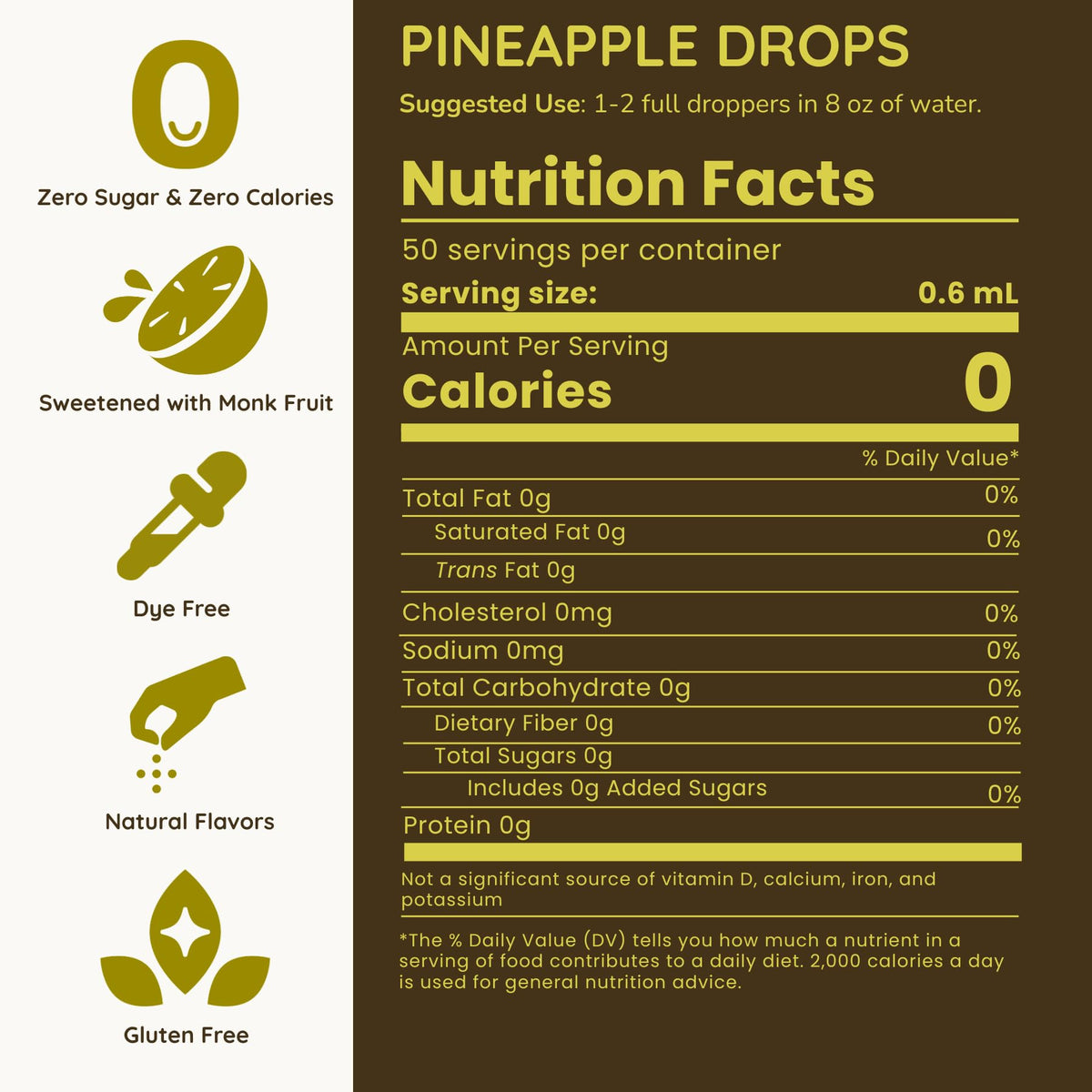 Allways Drops pineapple flavor drops close-up; zero calories, monk fruit sweetened.