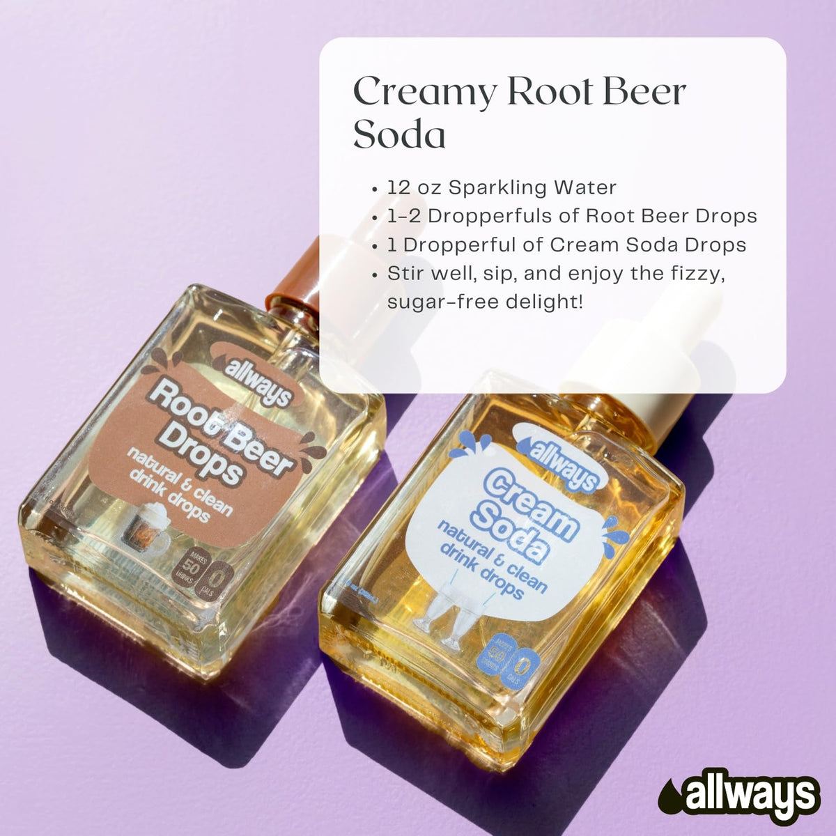 Allways Drops root beer flavoring packaging made of glass shows sustainable design