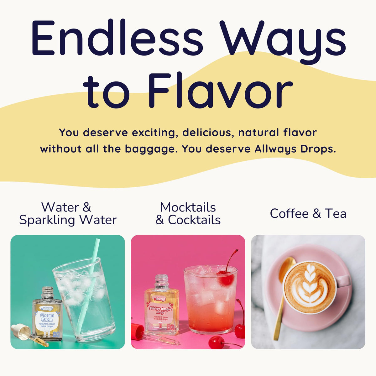 Allways Drops root beer flavoring close-up on sparkling water adds a fizzy twist