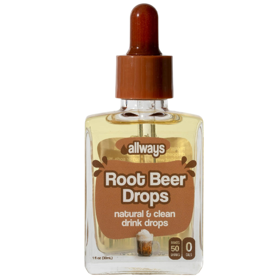 Allways Drops root beer flavoring bottle shown for on-the-go hydration with zero sugar
