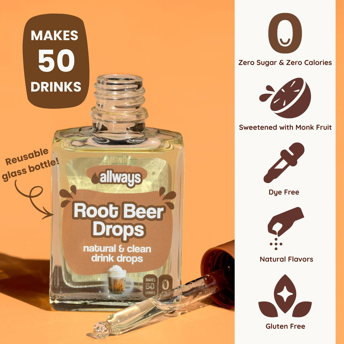 Allways Drops root beer flavoring glass highlights tasty, sugar-free hydration in a classy bottle