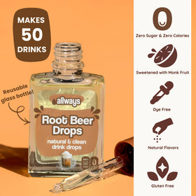Allways Drops root beer flavoring glass highlights tasty, sugar-free hydration in a classy bottle