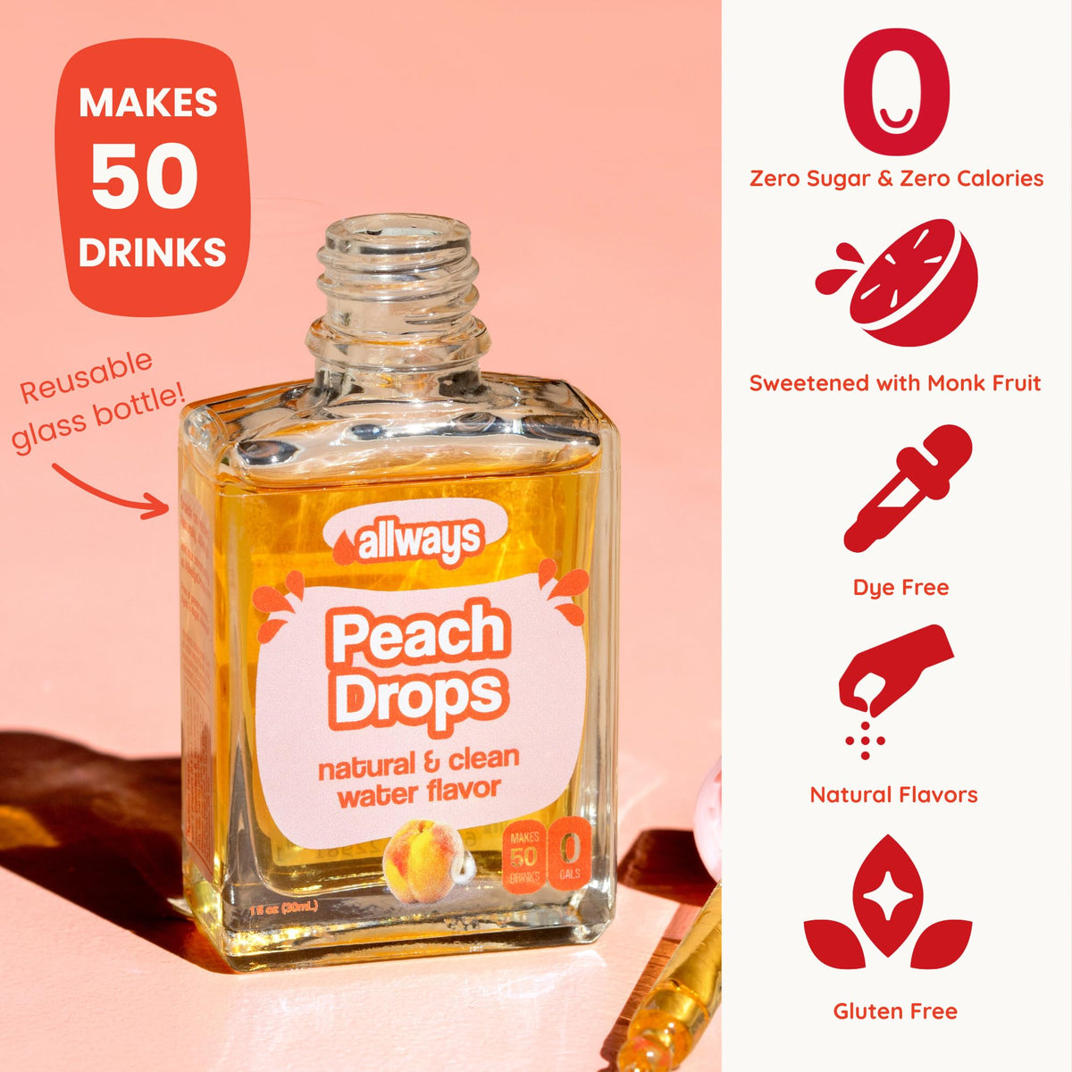 Allways Drops Peach zero-sugar drops ideal for low-calorie peach flavor in water.