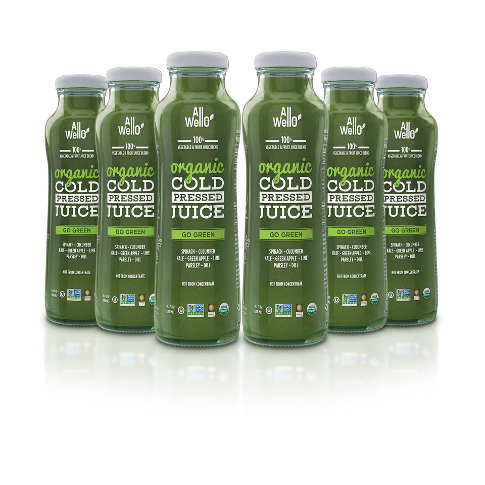 ALLWELLO go green bottle close-up highlights vivid color and real fruit nectar for on-the-go hydration.