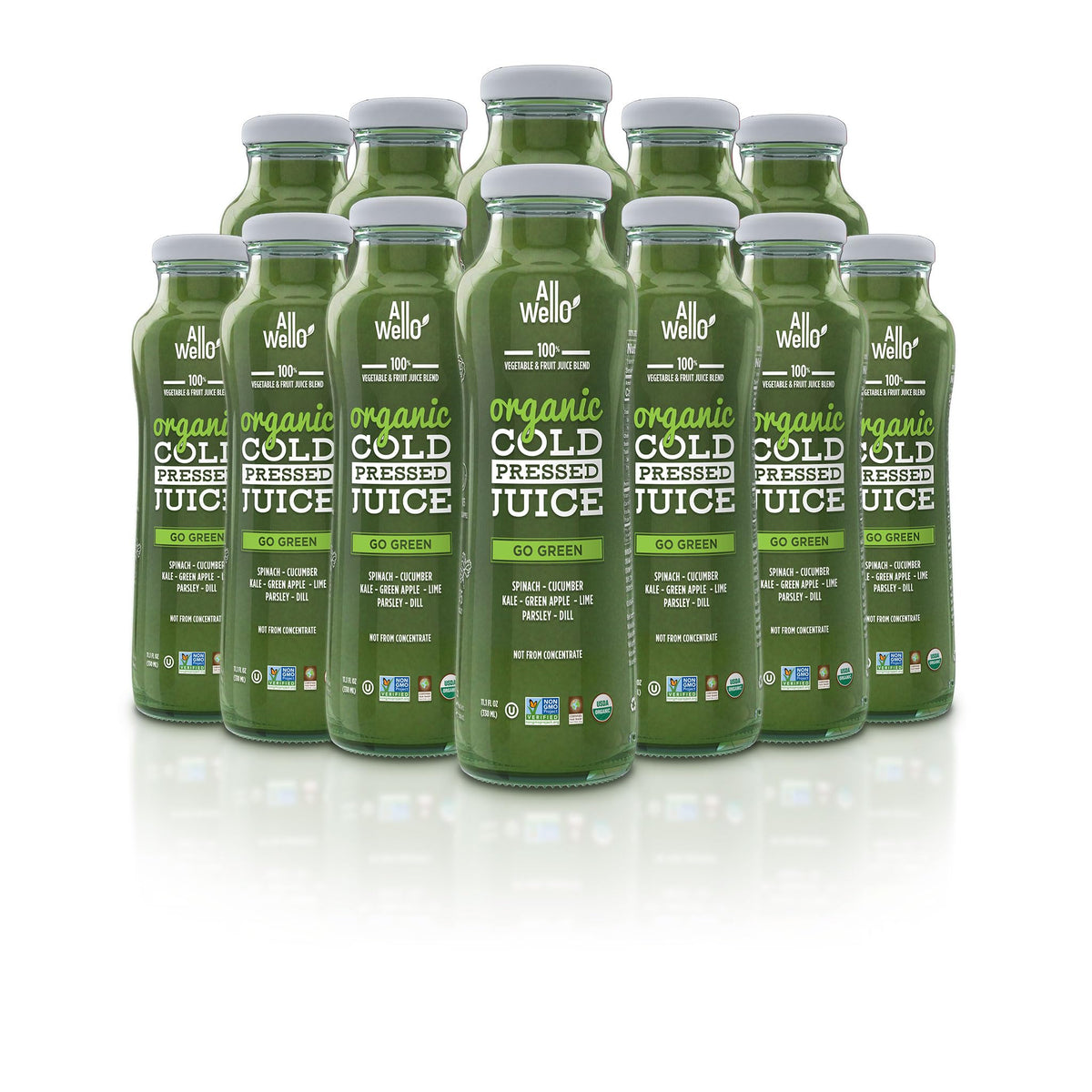 ALLWELLO Go Green bottle in glass highlights fresh organic ingredients for daily refreshment.