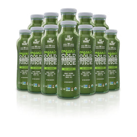 ALLWELLO Go Green bottle in glass highlights fresh organic ingredients for daily refreshment.