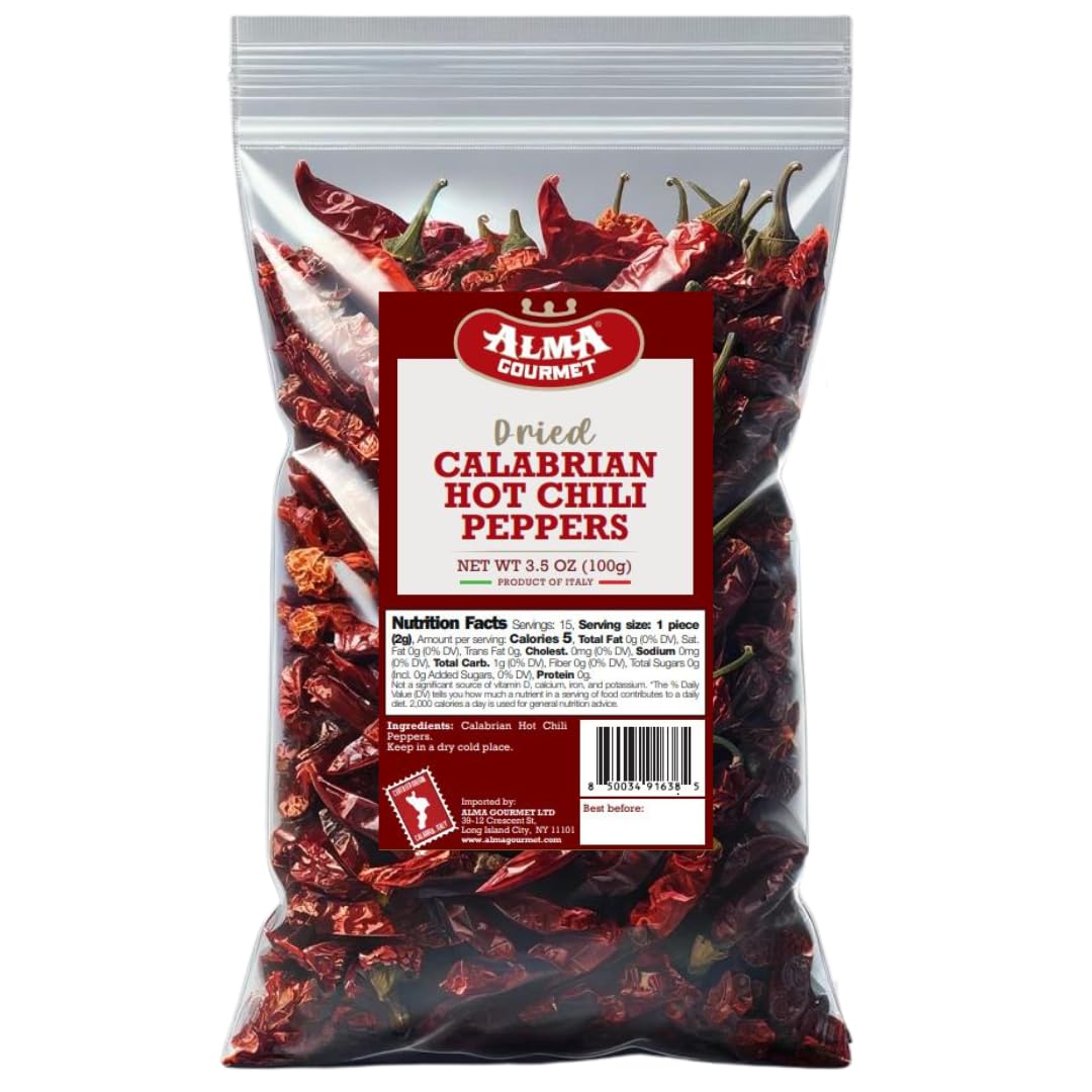 Alma Gourmet Calabrian peppers, whole and bold, ideal for authentic Italian seasoning.