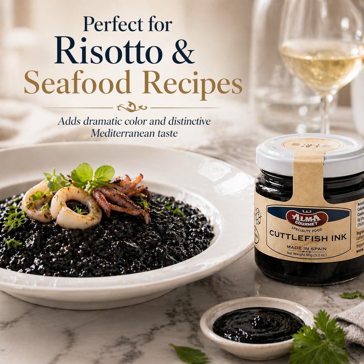 Alma Gourmet calamari seafood dish demonstrates versatile ink use for sauces and pasta