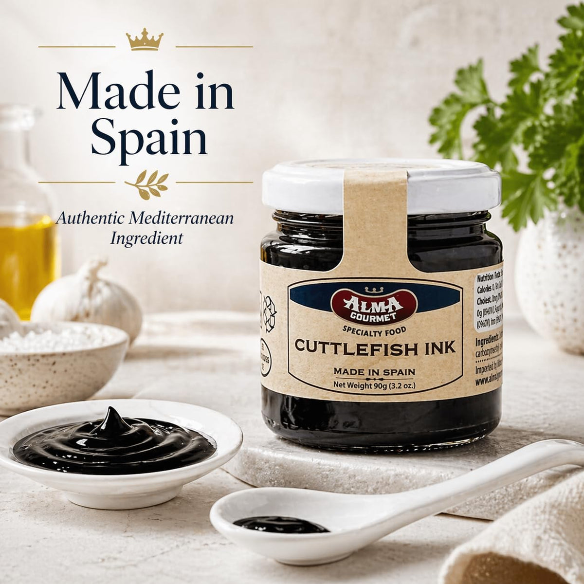 Alma Gourmet Cuttlefish Ink jar closeup shows smooth texture ready to use
