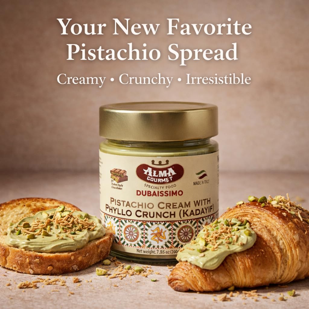 Alma Gourmet Dubaissimo Italian-crafted pistachio cream, rich texture ready for topping.