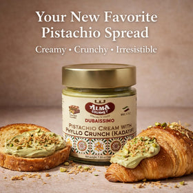 Alma Gourmet Dubaissimo Italian-crafted pistachio cream, rich texture ready for topping.
