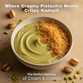 Dubaissimo pistachio cream with kadayif crunch, delightful bite for pastries and waffles.