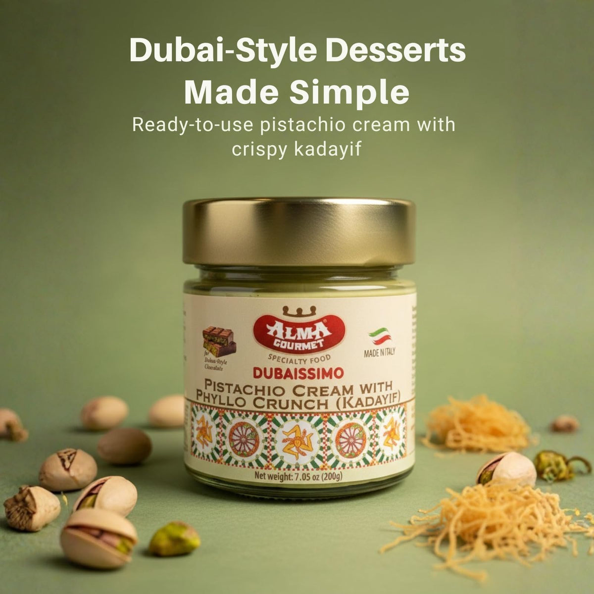 Alma Gourmet pistachio butter alternative with kadayif crunch, elevating any dessert experience.