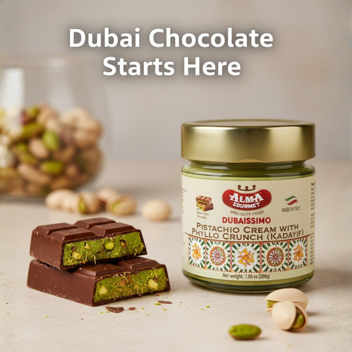 Authentic Italian pistachio cream by Alma Gourmet, creamy texture with kadayif crunch.