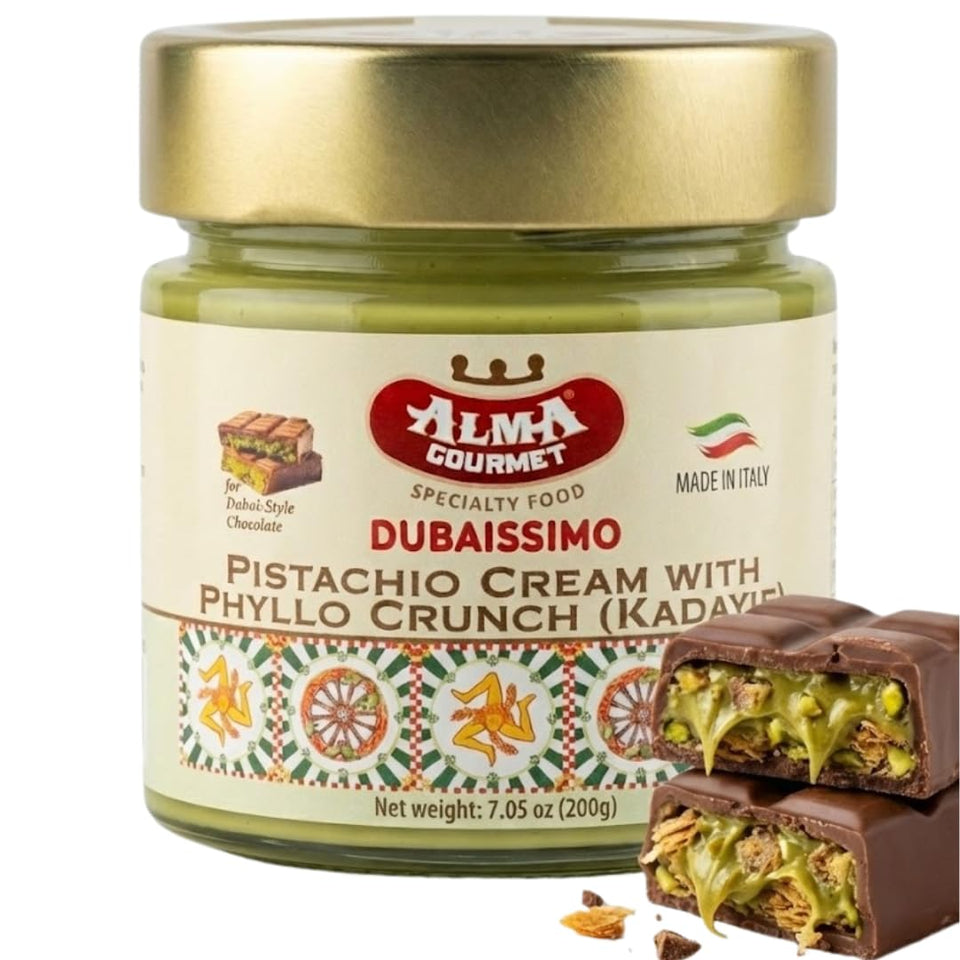 Alma Gourmet Dubaissimo pistachio cream with kadayif crunch, silky spread ideal for pastries.