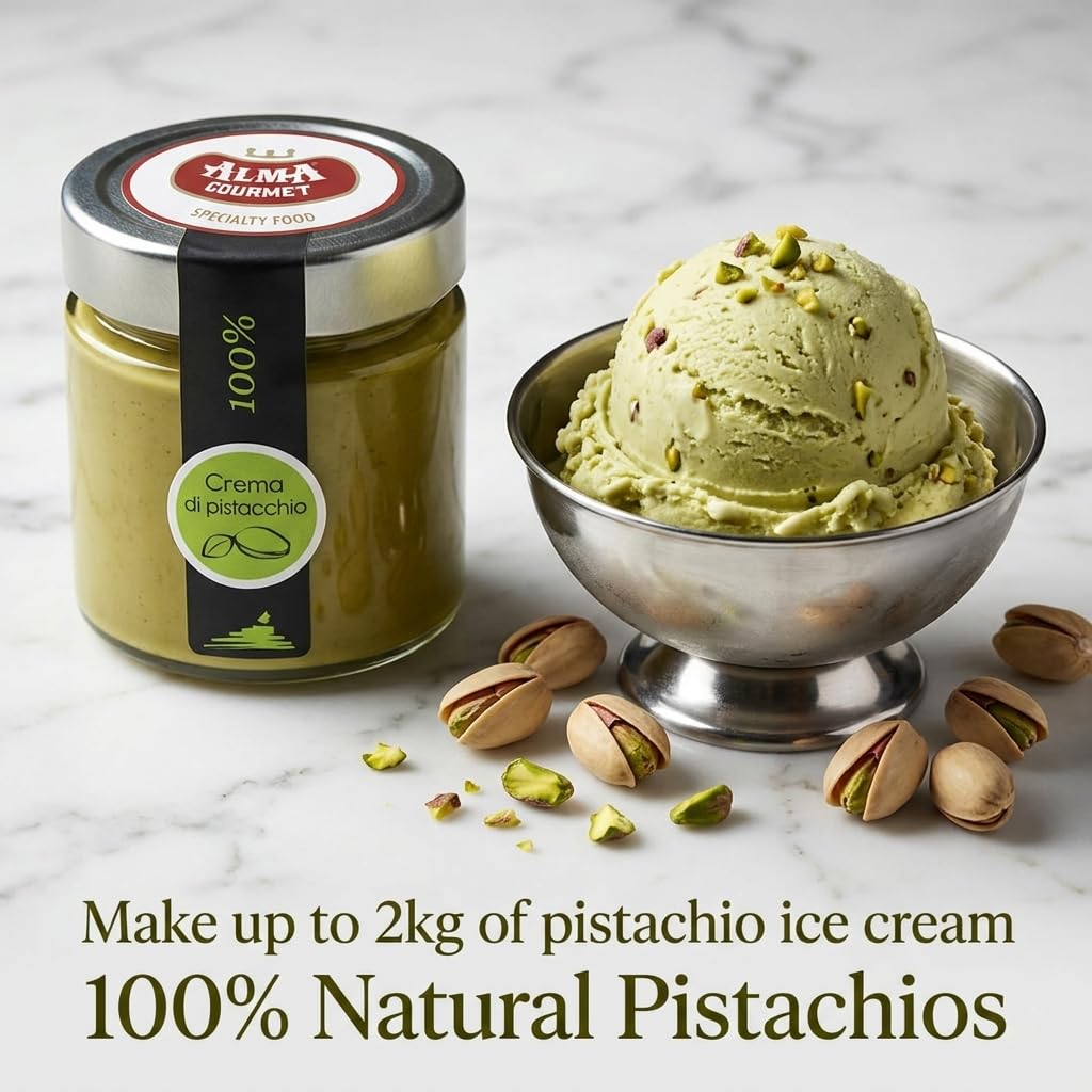 Alma Gourmet Pistachio Butter in a glossy dessert bowl highlights its creamy texture.