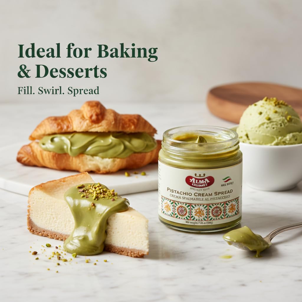 Close up of Alma Gourmet pistachio cream texture showing smooth finish