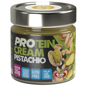 Alma Gourmet Pistachio Protein Cream Spread jar shows silky texture and nutty flavor.
