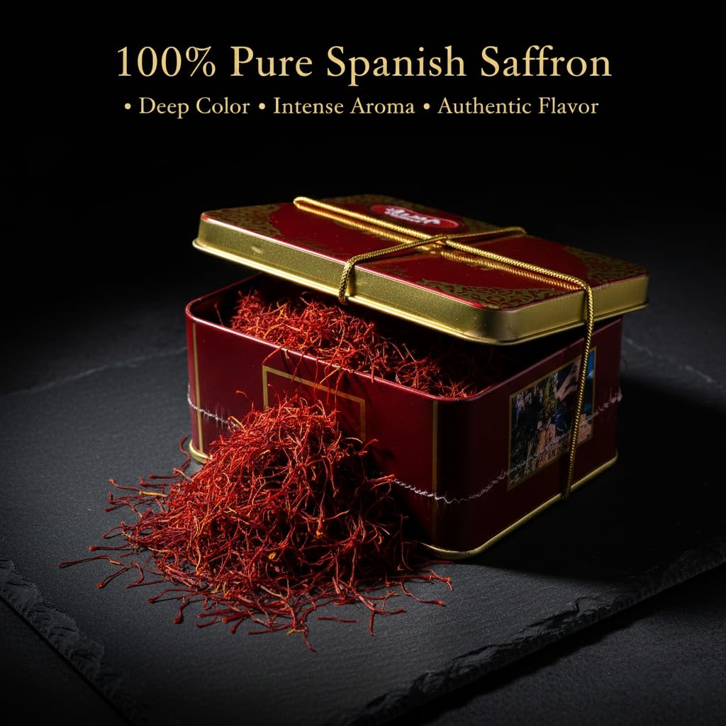 Alma Gourmet saffron on a spice rack for versatile global recipes.