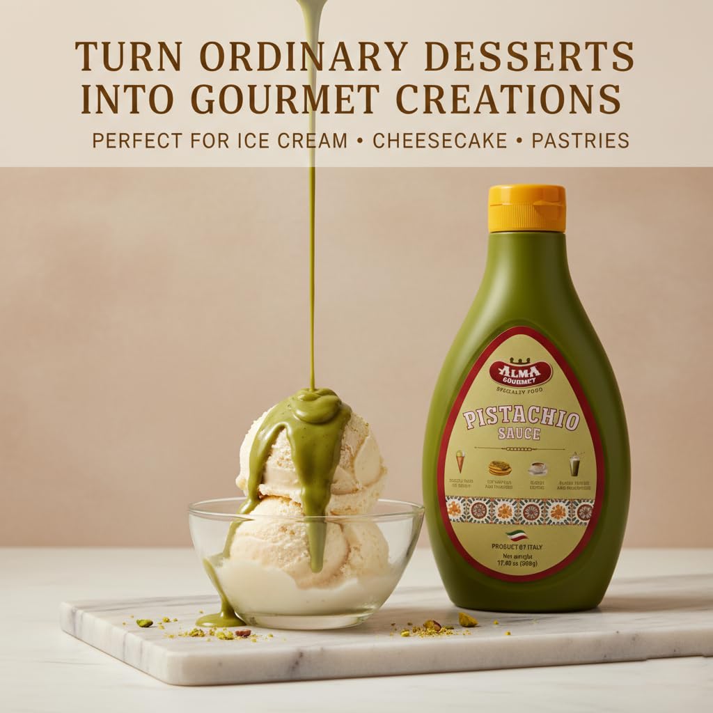 Alma Gourmet Pistachio Sauce drizzle on ice cream for a creamy finish