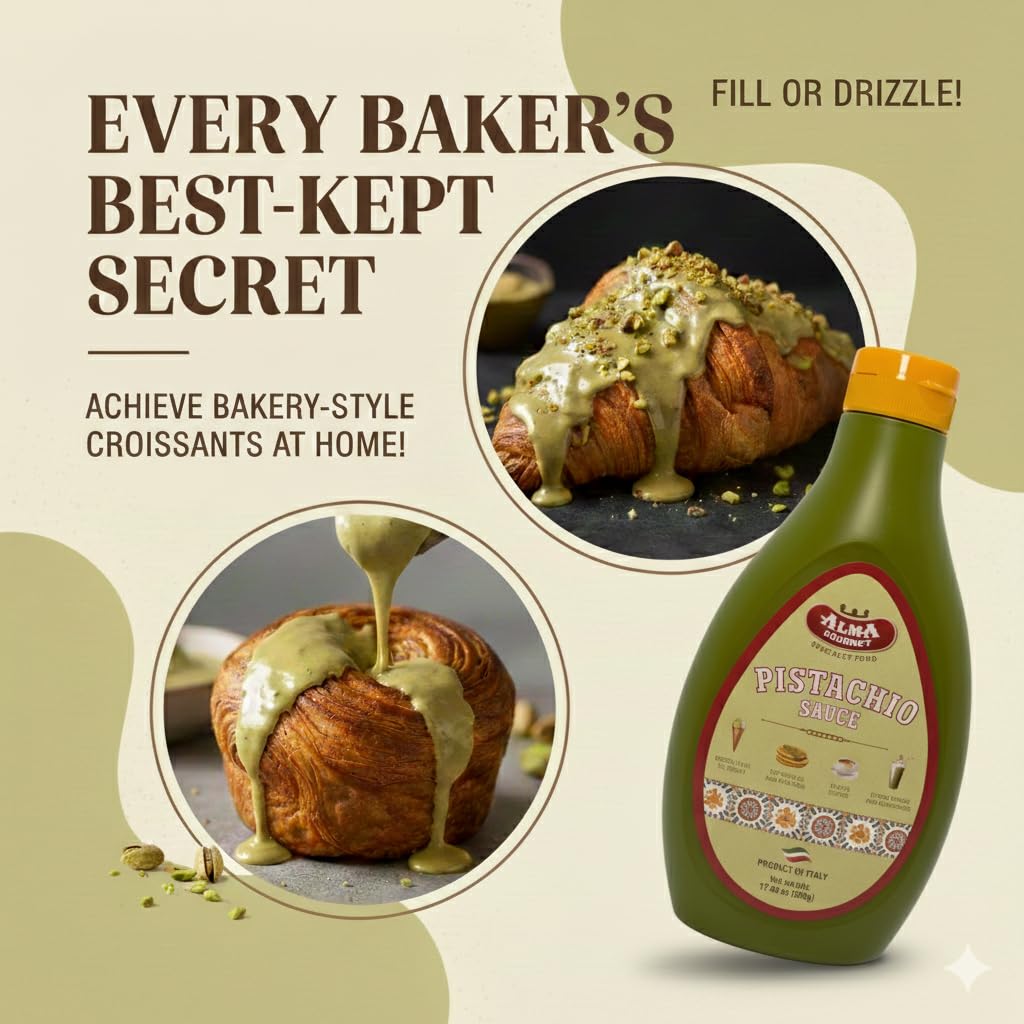 Alma Gourmet Pistachio Sauce pour showing smooth, pourable texture for drizzling