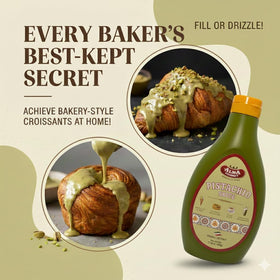 Alma Gourmet Pistachio Sauce pour showing smooth, pourable texture for drizzling