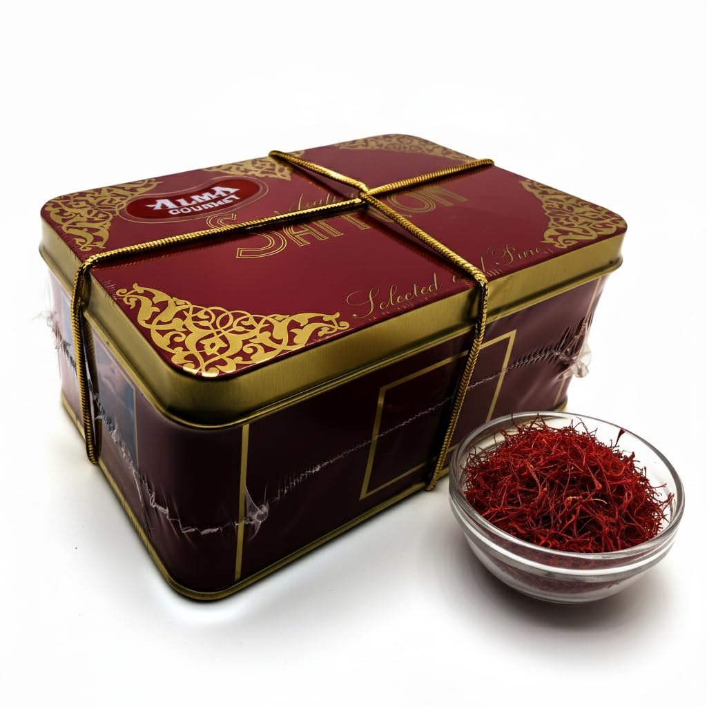 Alma Gourmet saffron threads close-up showing premium quality and vibrant color.