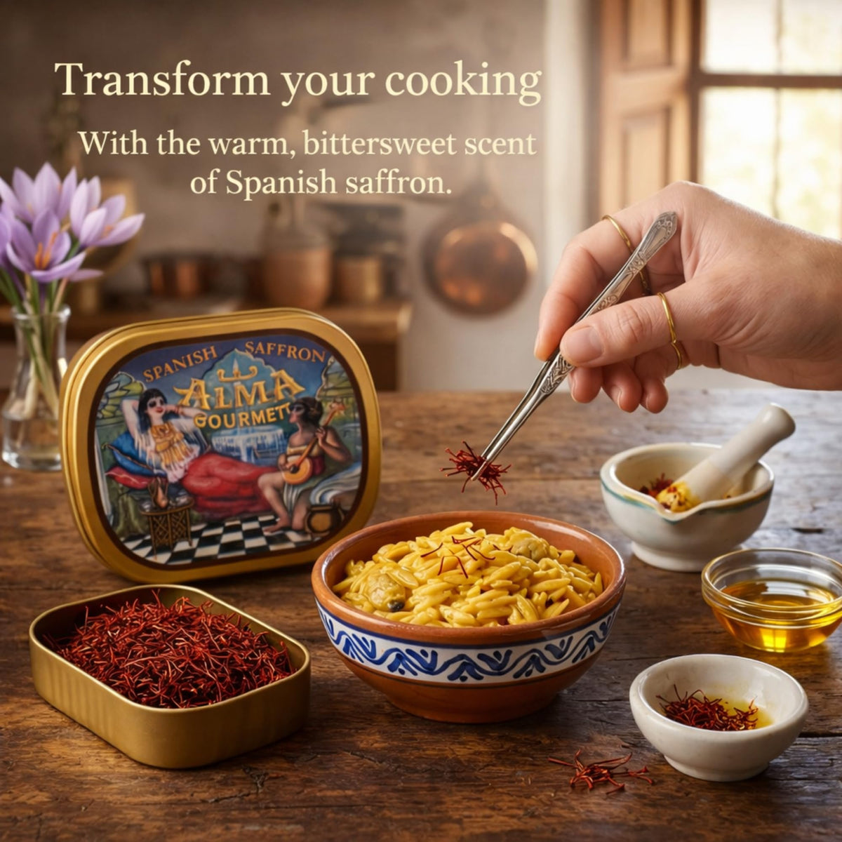 Alma Gourmet Spanish Saffron Threads crocus-flowers harvest revealing origin and all-natural spice.