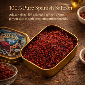 Alma Gourmet Spanish Saffron Threads jar front highlighting premium quality for consistent color in recipes.