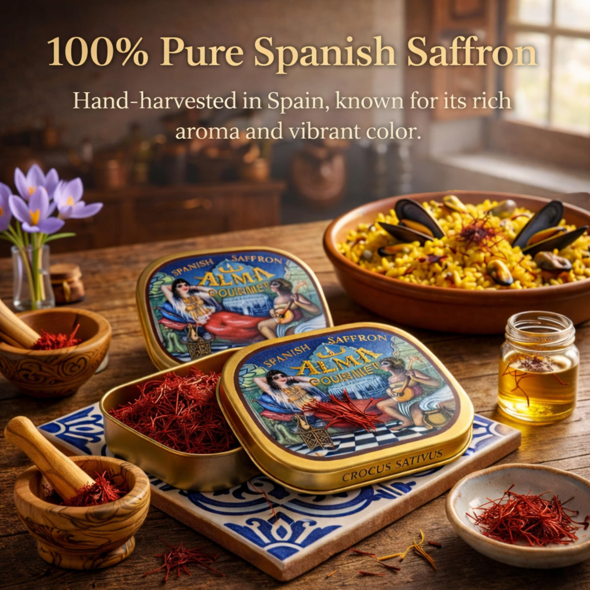 Alma Gourmet Spanish Saffron Threads origin-label shelf display focusing on Spain provenance and premium quality.
