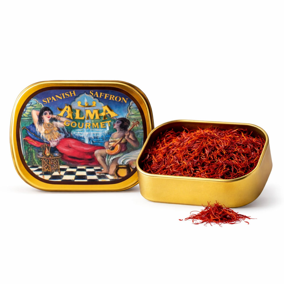 Alma Gourmet Spanish Saffron Threads pack closeup showing vibrant aroma for authentic paella flavor.