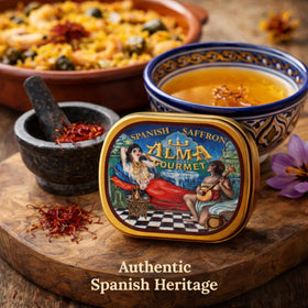 Alma Gourmet Spanish Saffron Threads paella dish ready image emphasizing authentic color and aroma.