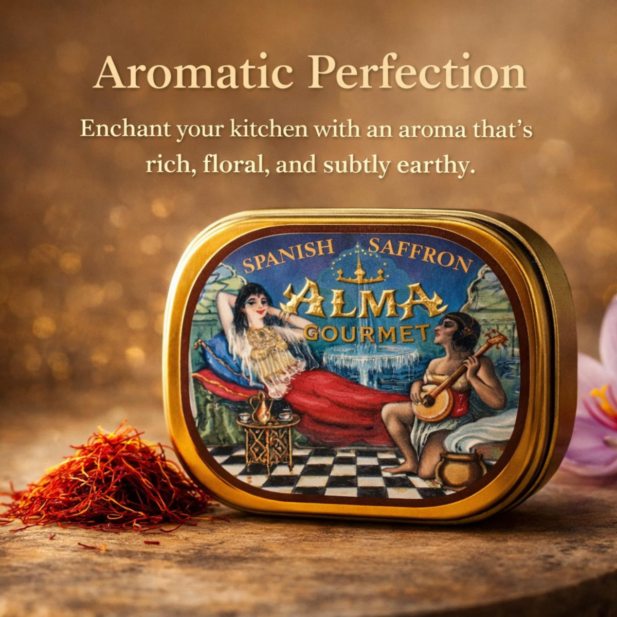 Alma Gourmet Spanish Saffron Threads spoon-dispense showcasing convenience for quick saffron infusion in soups and stews.