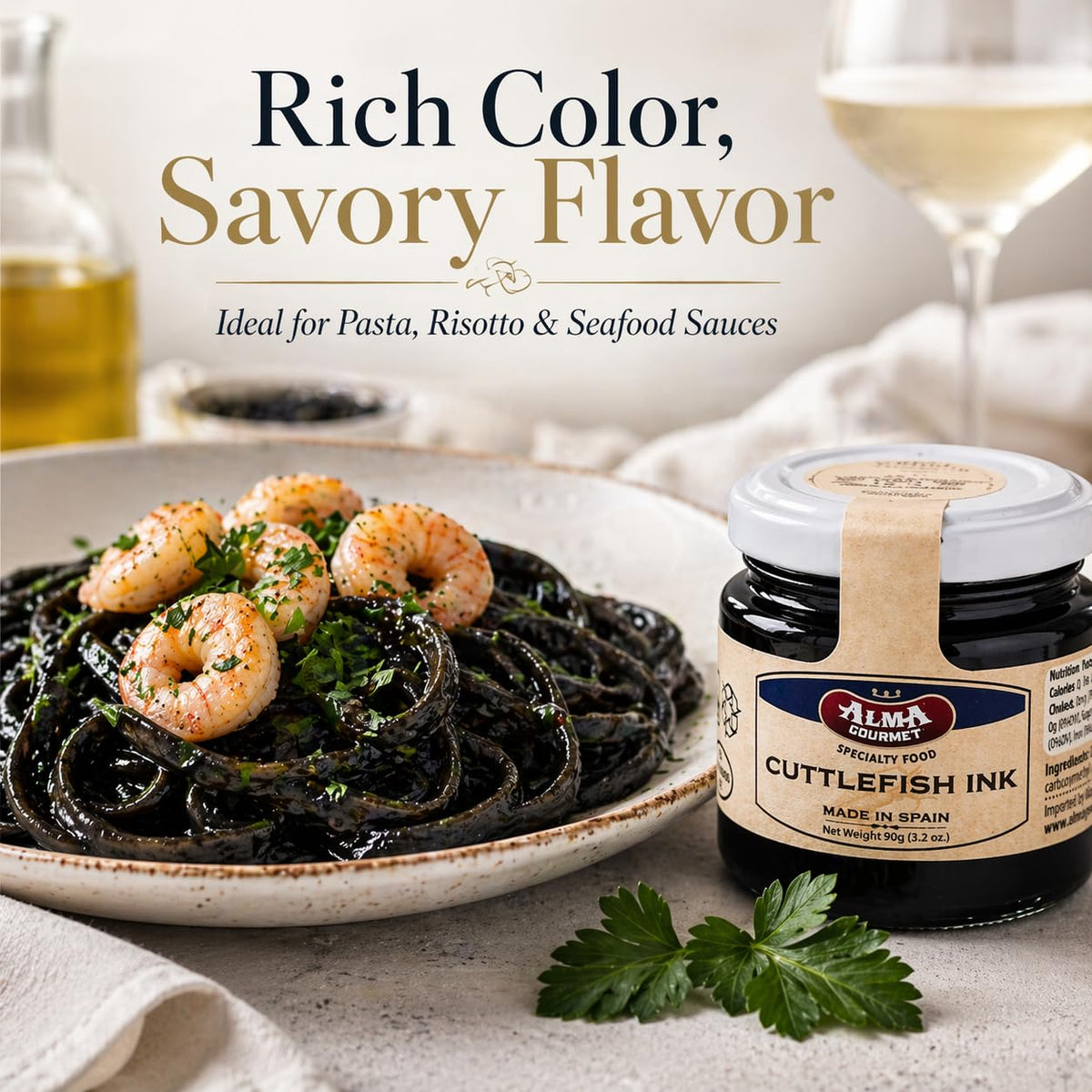 Alma Gourmet squid ink pasta dish displays bold color for seafood pasta