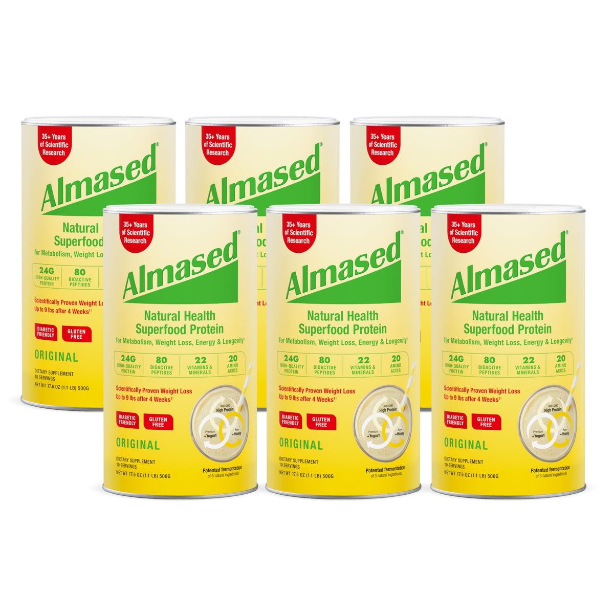 Almased meal replacement shake container with plant-based protein blend, ready for a quick meal.