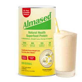 Almased original flavor bottle highlighting a protein-rich meal replacement