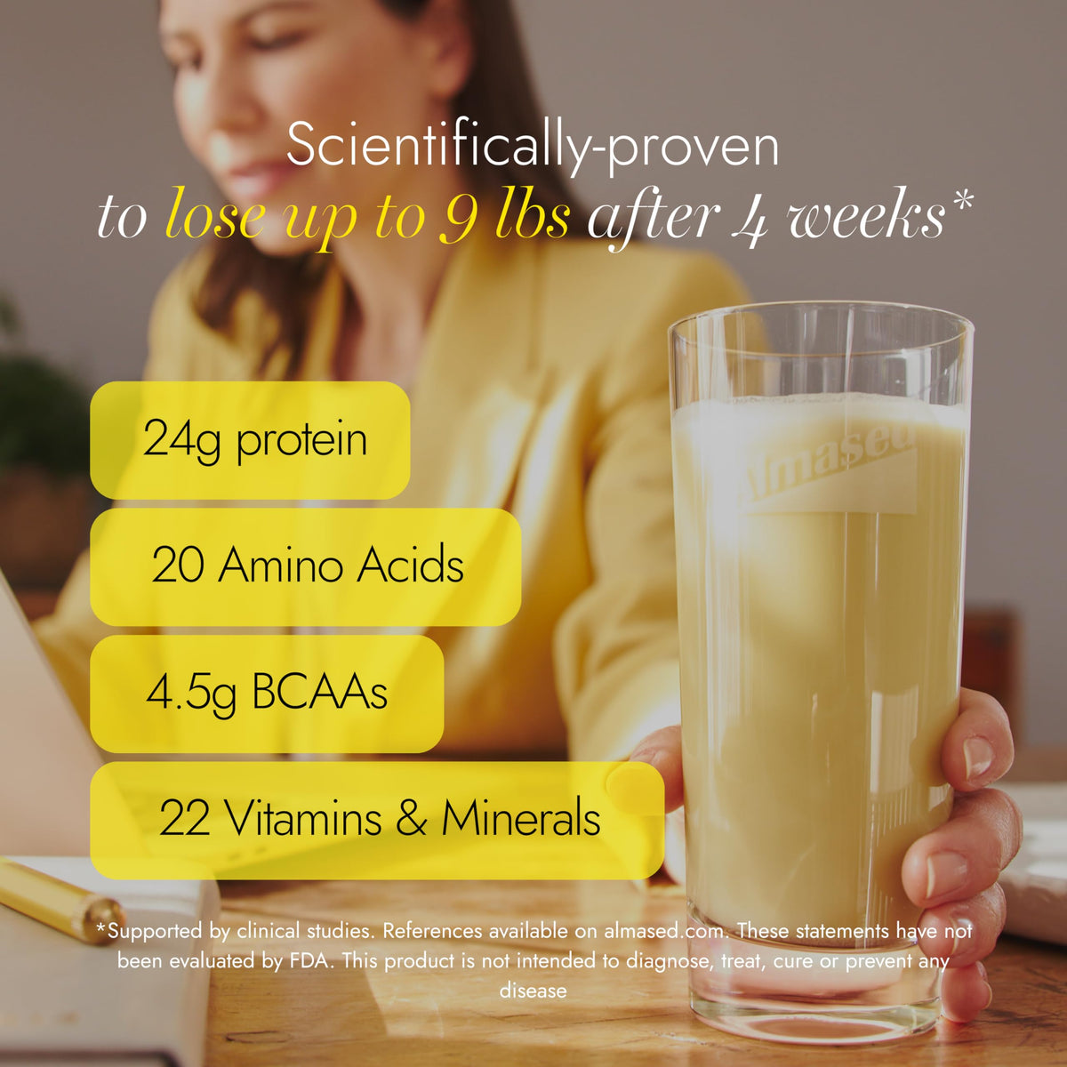 Almased original shake nutrition label showing protein content.