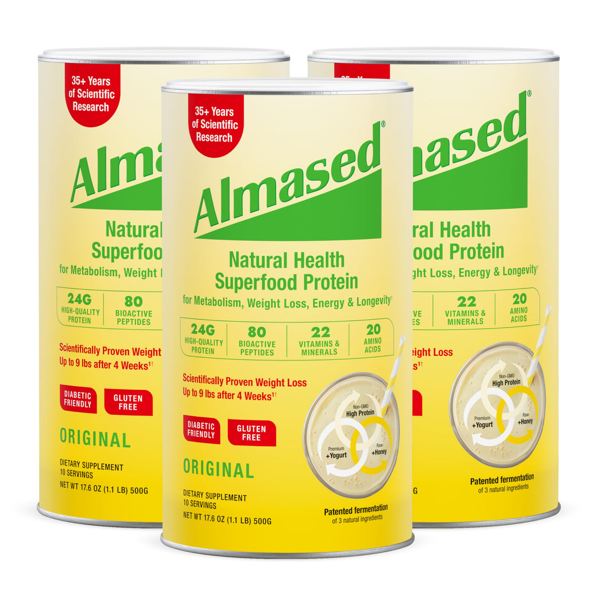 Almased original tub front view, high-protein plant-based meal replacement.