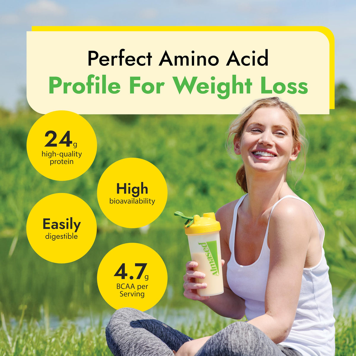 Almased Vanilla packaging label communicates natural ingredients and vitamins.
