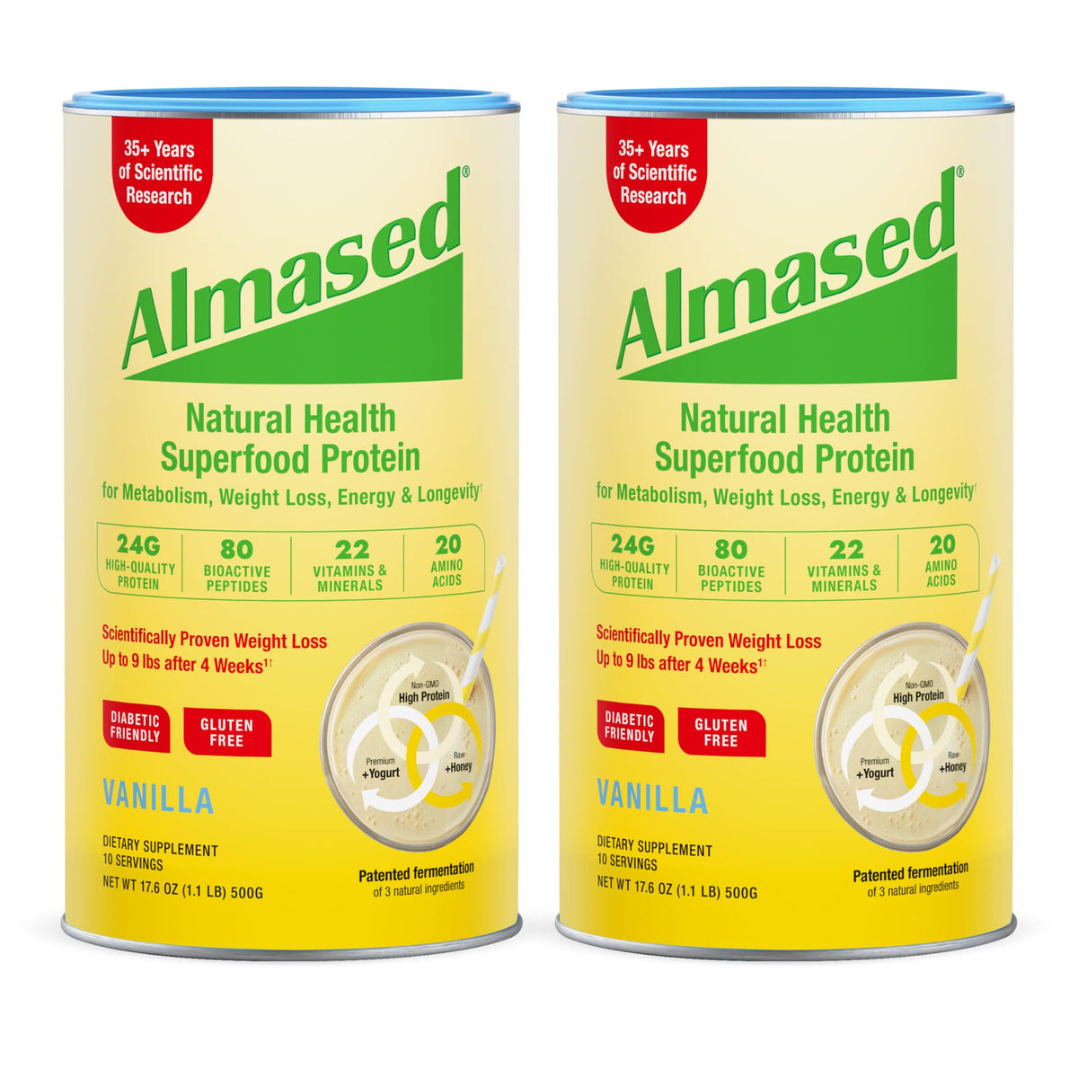 Almased vanilla meal replacement 2-pack with gluten-free formula for quick meals.