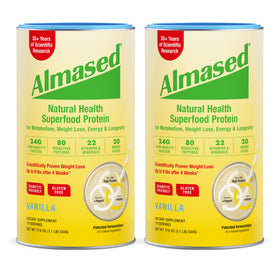 Almased vanilla meal replacement 2-pack with gluten-free formula for quick meals.