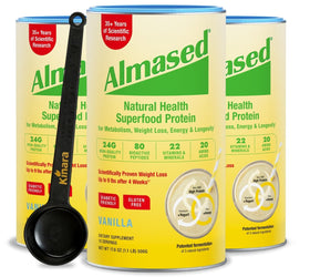 Almased Vanilla protein powder bottle highlighting gluten-free plant-based meal replacement