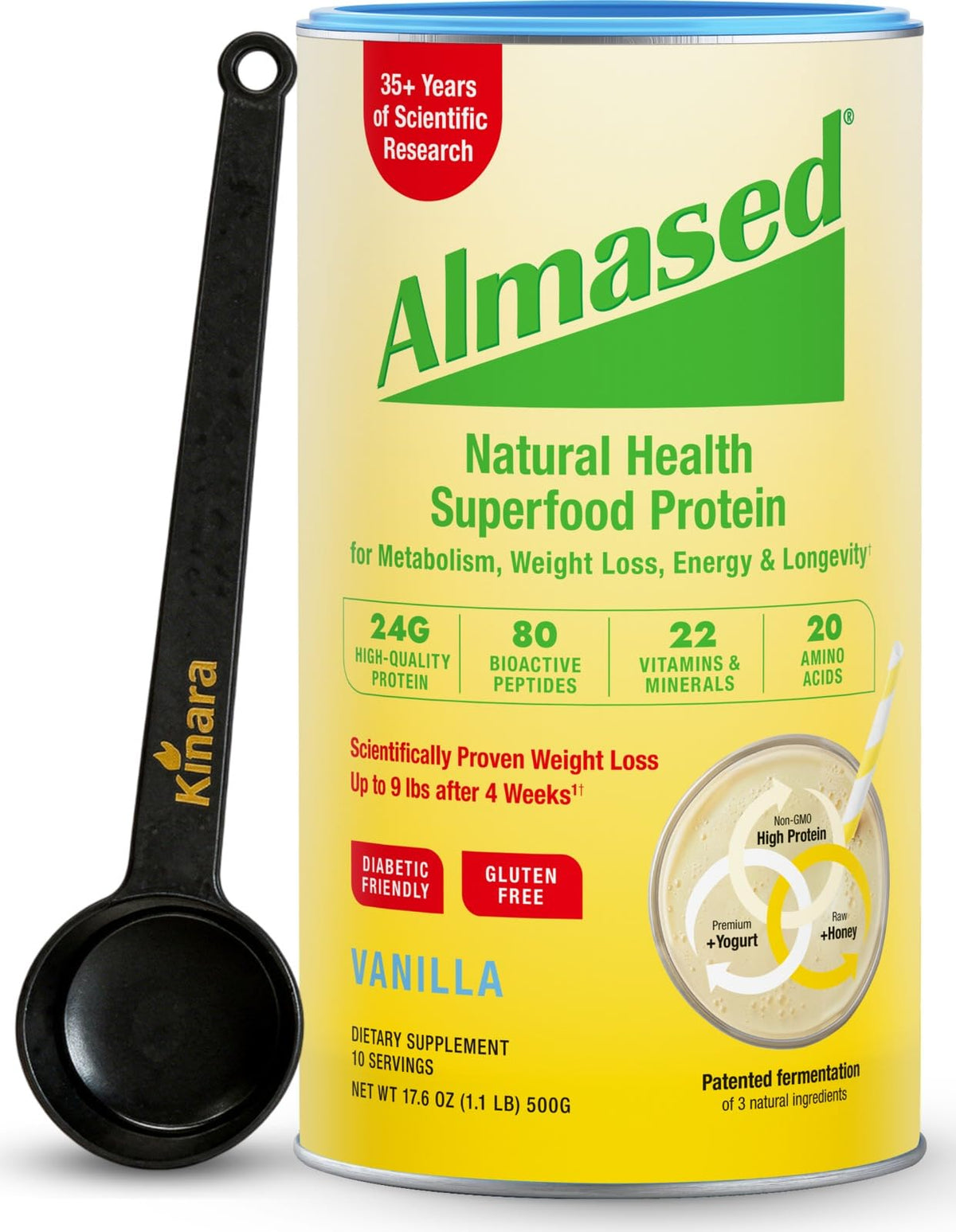 Almased Vanilla Protein Powder bottle for easy meal replacement and protein support.